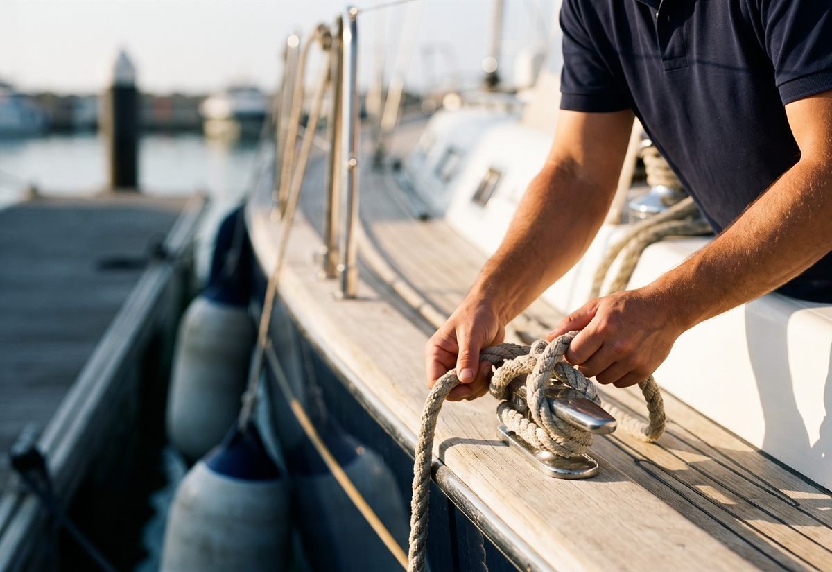 Kontrolle einer Festmacherleine an der Klampe einer Yacht am Steg
