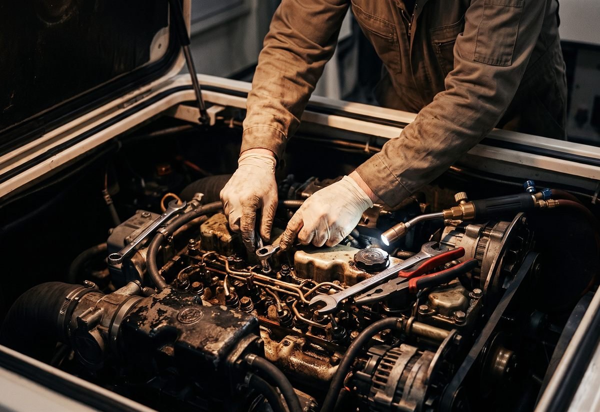 Techniker bei der Arbeit an einem Einbaumotor im Motorraum eines Bootes