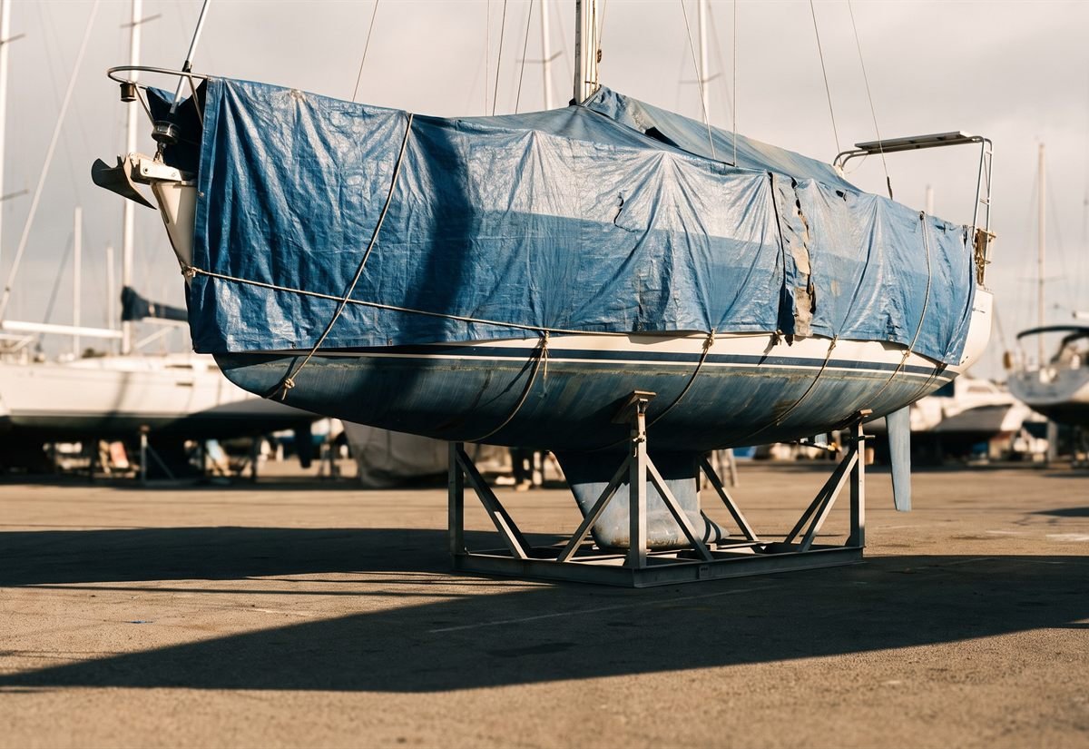 Segelyacht im Bock mit abgedecktem Rumpf auf einem Werftgelände im Winterlager